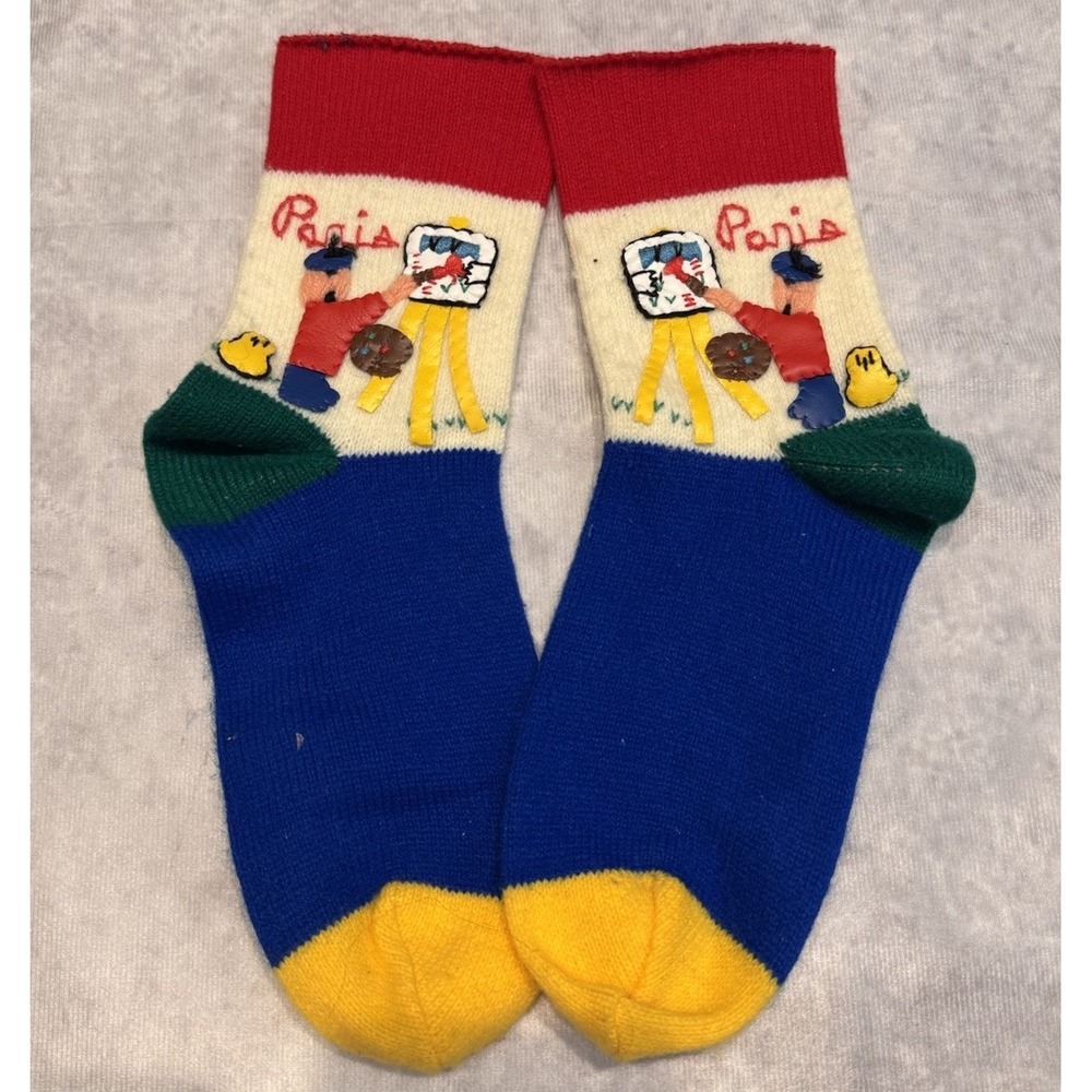 VTG Paris Knit Socks Cynthia McKinney‎ Ben Berger 80's Whimsy Colorful Appliqué